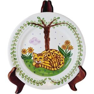 Vintage MM Portugal Hand-Painted Folk Art Kitty Cat Tiger Red Ware Plate